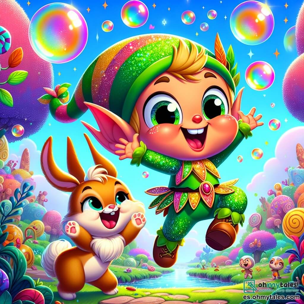 Un pequeño duende llamado Tico, con una gran sonrisa de dientes blancos, lleva un sombrero puntiagudo verde y un traje colorido hecho de hojas brillantes. Sus ojos brillan de alegría mientras salta en el aire, con los brazos levantados, rodeado de burbujas de colores vibrantes que flotan a su alrededor. A su lado, Pipo, un adorable conejito de grandes orejas, ríe con las patas delanteras levantadas como si aplaudiera la hazaña de Tico. Tiene un pelaje suave y sedoso de color caramelo, y sus ojos brillantes están llenos de travesura. En el fondo, la escena se desarrolla en el hermoso mundo de Risaslandia, donde los árboles tienen hojas en forma de caramelos y los ríos brillan como limonada. Flores multicolores bailan al viento, y un cielo azul radiante está salpicado de nubes en forma de malvavisco. La situación principal muestra a Tico y Pipo celebrando su éxito tras descubrir una caja mágica llena de burbujas de risas, listas para ser liberadas y esparcir alegría por todo Risaslandia.