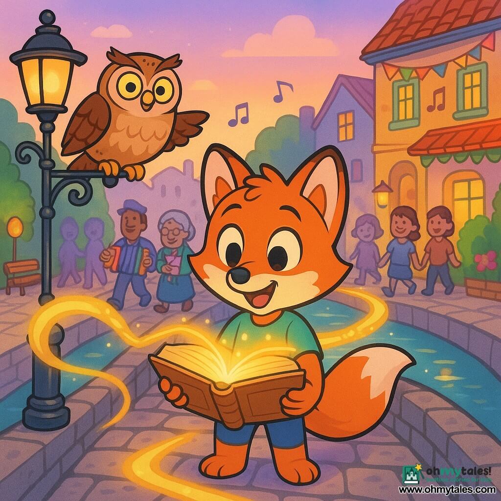 A small anthropomorphic fox child with bright russet fur, white markings on muzzle and tail, large gleaming eyes and a delighted smile holds an open ancient book glowing a soft golden light while standing at the center of an old stone bridge; a wise round fluffy brown-beige owl named Oliver with piercing yellow eyes perches on a lamppost to the left, wings slightly spread in a friendly gesture; simple smiling townspeople—a musician, an old woman with flowers, a few children—walk on both sides of the bridge among music and calm; to the right are colorful lively buildings with painted facades, garlands and musical signs, to the left peaceful gardens with hedges, benches and paper lanterns; the book's golden light weaves a bright ribbon toward both banks blending colors and sounds in a warm magical atmosphere with strong vivid contrasts, soft details and a pastel twilight sky; 90s cartoon style, clean lines, saturated colors, soft shading, comforting sense of wonder.