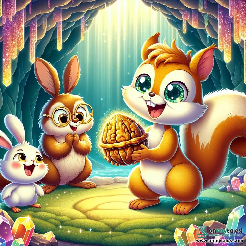 Nutty, a small squirrel with golden fur and sparkling eyes, stands at the center of the scene holding a magnificent golden acorn that shines brightly. He has a wide smile, overflowing with excitement and pride. Next to him, Flappy, a wise owl with soft white feathers, adjusts her small glasses while admiring the acorn, her round eyes expressing curiosity. Hoppy, a cheerful rabbit with big ears and light brown fur, jumps for joy, his face beaming with happiness and enthusiasm. The scene takes place inside a magical cave, where sparkling walls are adorned with colorful crystals reflecting the golden light of the acorn. Glowing vines hang from the ceiling, adding a fairy-tale touch to the atmosphere. At the back of the cave, a soft green moss carpet creates a calming contrast with the golden acorn's glow. Nutty, Flappy, and Hoppy celebrate their discovery of the Golden Acorn, a symbol of courage and friendship, in a moment of joy and wonder.
