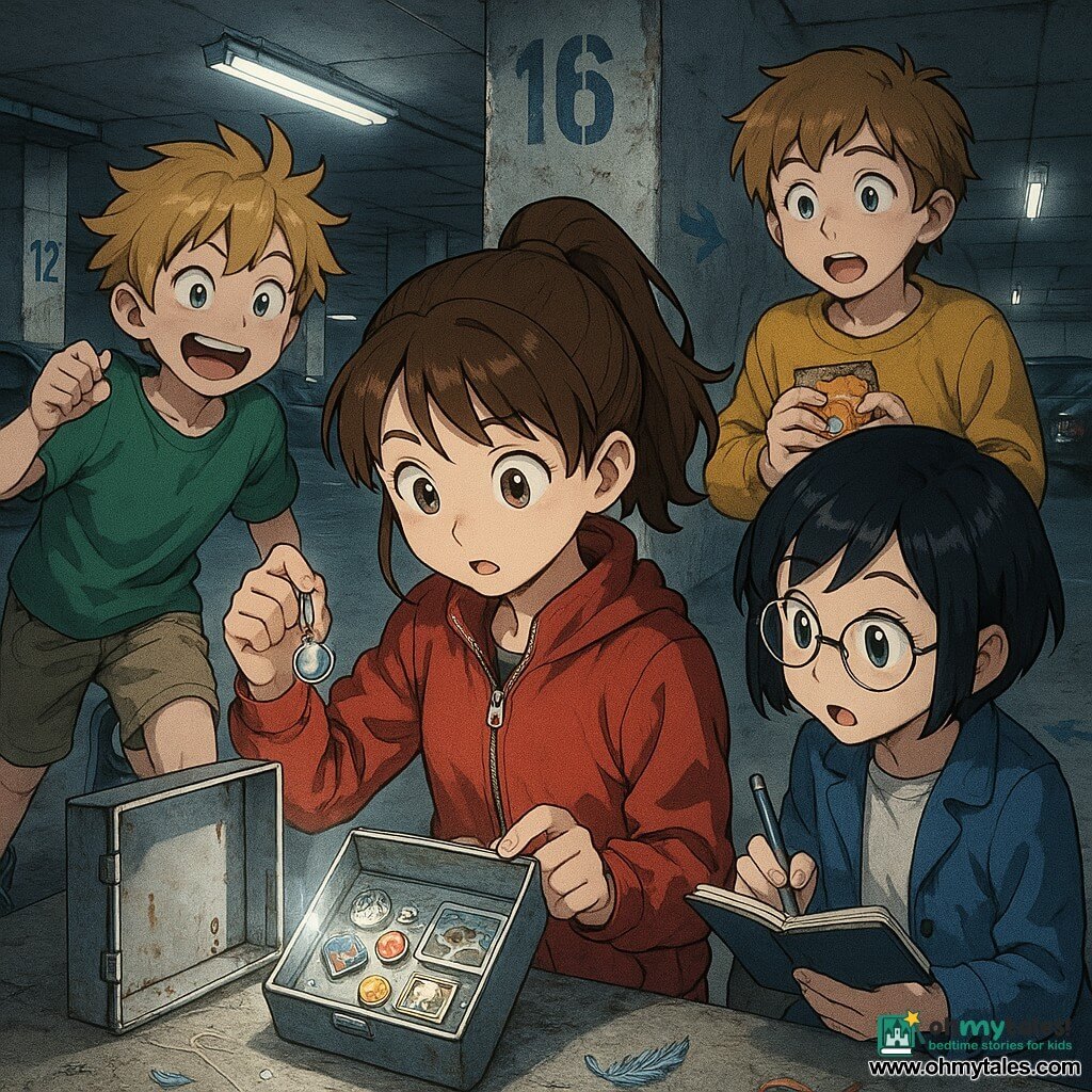 There are four children: Mina, girl, ~11, brown hair in a ponytail, red jacket, center, holding a shiny keychain in her right hand and looking at the open metal box; Jax, boy, ~11, tousled blond hair, green t‑shirt, left, smiling with a knee bent as if jumping with excitement; Zara, girl, ~12, short black hair, round glasses, blue coat, right, notebook and pen in hand, writing quickly while watching the box; Eli, boy, ~10, light brown hair, yellow sweater, just behind Mina, holding a packet of cookies and looking astonished. Location: underground concrete parking garage with numbered pillars with peeling paint, long white neon lights on the ceiling, dark parked cars, dusty floor, blue chalk arrows on the walls, and a small open metal wall hatch revealing a metal box and an old notebook. Main situation: the four children have just opened the secret hatch and discovered a box of shiny enamel badges and old photos; mood of discovery, faces lit by cold neon light, sharp details: fishing line on the floor, a blue feather on the concrete, a crumpled ribbon, and faint metallic reflections on the box.