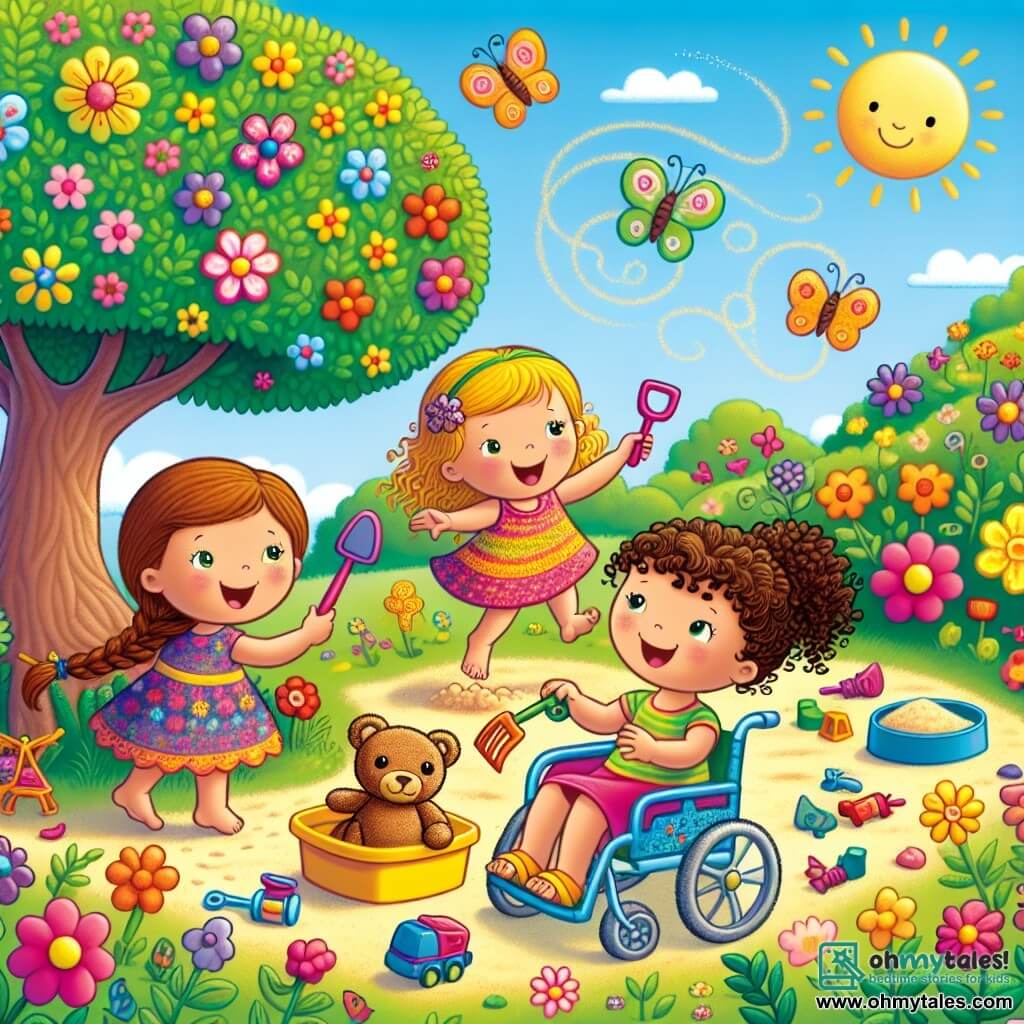 Three little girls are gathered in a sunny garden. Lily, a 6-year-old with curly hair and a colorful dress, is joyfully dancing near a large tree. Mia, a 7-year-old, is sitting in her sparkling wheelchair with a big smile on her face as she watches her friends. Zoe, a 6-year-old with big blue eyes and a braid, is crouching by a sandbox, holding a small plastic shovel. The garden is filled with colorful flowers, fluttering butterflies, and a bright blue sky. In the center, a large tree with green leaves provides shade, and a small sandy area is surrounded by scattered toys. The three friends are on a quest to find Mr. Teddy, their beloved teddy bear, who is mysteriously hiding. They search under the tree, in the sandbox, and among the flowers, laughing and enjoying their adventure full of surprises.