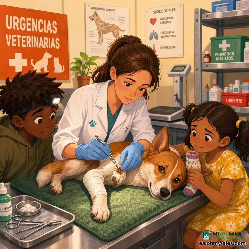 Veterinaria de unos 35 años, cabello castaño recogido en coleta, bata blanca algo arrugada, expresión dulce y concentrada, manos con guantes de látex azul retirando con delicadeza una espina de la pata delantera de un perro con pinzas estériles; niño de 12 años, pelo castaño despeinado, sudadera kaki, atento y sorprendido, sostiene una linterna frontal a un lado de la mesa; niña de 7 años, vestido amarillo con flores, coletas, angustiada pero aliviada, arrodillada junto al perro sujetándolo y sosteniendo un pequeño calcetín como talismán; perro mediano llamado Chispa, pelaje rojizo y blanco, orejas puntiagudas, una pata vendada y espina visible, tumbado sobre una mesa con manta antideslizante verde; clínica luminosa con paredes crema, carteles educativos, estantería con frascos y cajas de emergencia, báscula canina y un póster naranja de URGENCIAS VETERINARIAS parcialmente visible; escena íntima y profesional con luz cálida sobre la mesa.
