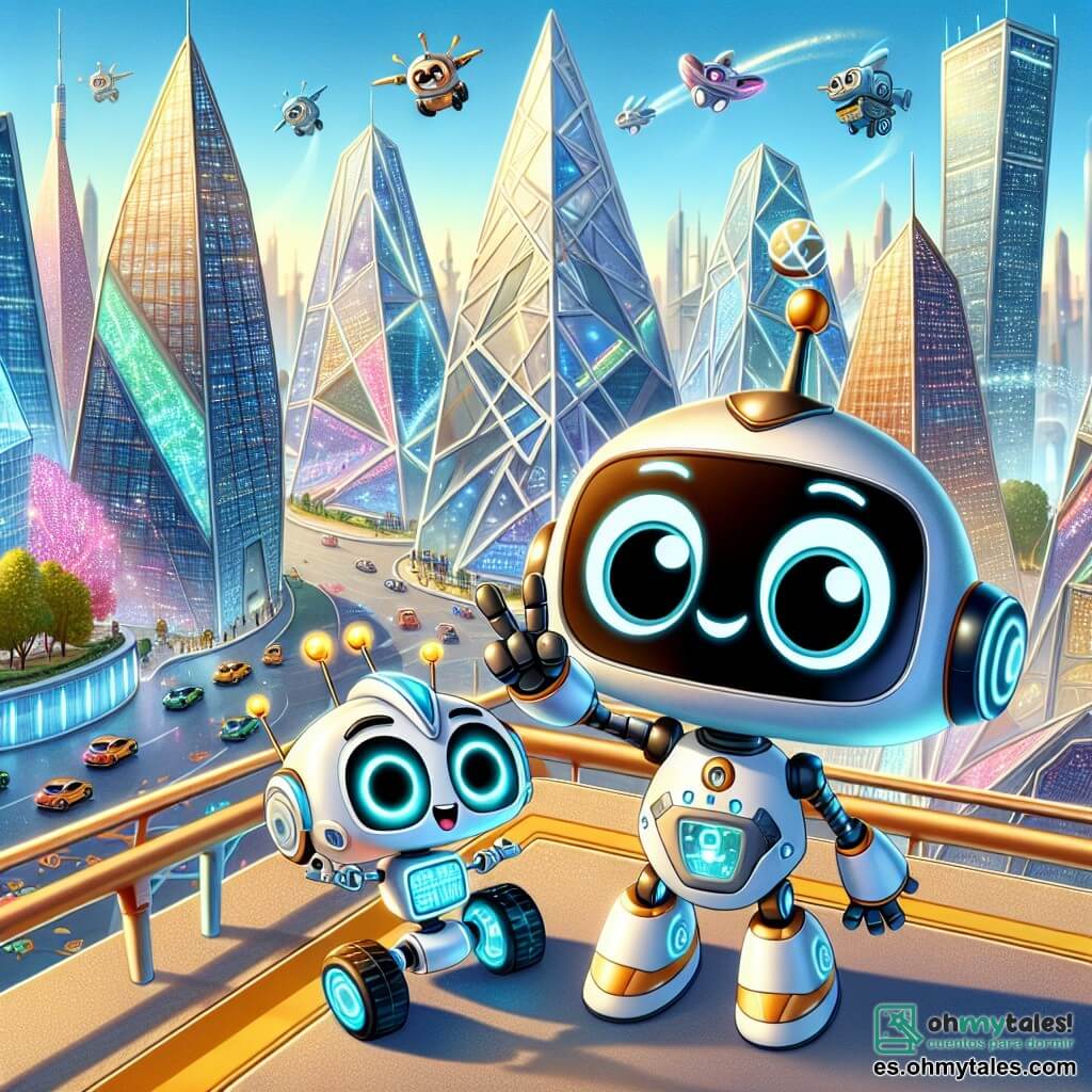 Zippi, un pequeño robot curioso con antenas móviles y grandes ojos brillantes, está de pie en el último piso de la Torre Brillante, con los brazos levantados en señal de victoria y una gran sonrisa en su rostro. A su lado, Blink, otro robot con luces intermitentes y ruedas, salta de alegría, sus ojos brillando de emoción. El decorado es impresionante: la Torre Brillante es un edificio futurista de formas geométricas, rodeado de rascacielos centelleantes y coches voladores que cruzan un cielo azul claro. Al fondo, árboles metálicos con hojas de colores añaden un toque de magia a la escena. La situación principal muestra a Zippi y Blink admirando la vista panorámica de TecnoCiudad, con luces brillantes y colores vivos, mientras celebran su éxito tras haber resuelto los desafíos del campamento.