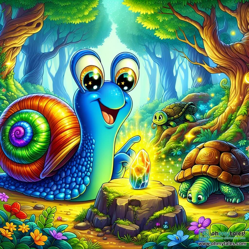 A snail named Sylvester, with a shiny shell in vibrant colors of emerald green, sapphire blue, and fiery red, stands in the center of an enchanted clearing. His large sparkling eyes express curiosity and joy as he touches a glowing stone pulsing with a soft golden light. Beside him, an old turtle named Theodore, with a rough shell and wise eyes, watches with a kind smile, sitting on a moss-covered rock. The clearing is surrounded by majestic trees with gnarled trunks, their leaves dancing in the breeze, and colorful flowers emit a faint magical glow. The main scene shows Sylvester discovering the magic of the stone, ready to embark on an incredible adventure in this fairy-tale place.
