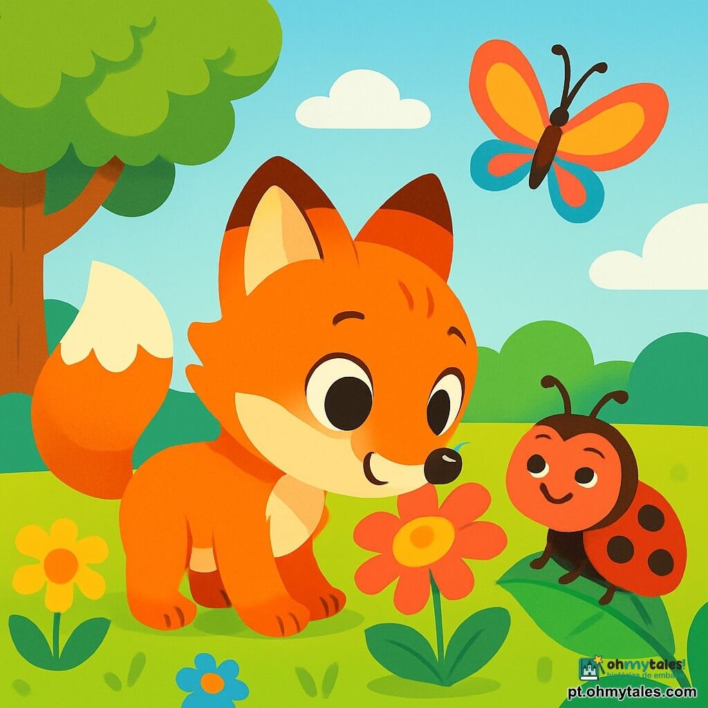Um pequeno raposinho com olhos brilhantes e pelagem laranja vibrante, com uma expressão de curiosidade e excitação, explora um jardim ensolarado. Ele está cheirando uma flor colorida, suas pequenas patinhas delicadas apoiadas na grama verde. Ao lado dele, uma joaninha vermelha com pintas pretas, sorridente e alegre, pousa em uma folha, observando o raposinho com benevolência. Uma borboleta de asas multicoloridas voa acima deles, dançando no ar, adicionando um toque de magia à cena. O jardim está cheio de flores vibrantes, árvores frondosas e um céu azul claro, criando uma atmosfera alegre e acolhedora. O raposinho, cheio de energia, está pronto para viver uma grande aventura neste lugar encantador.
