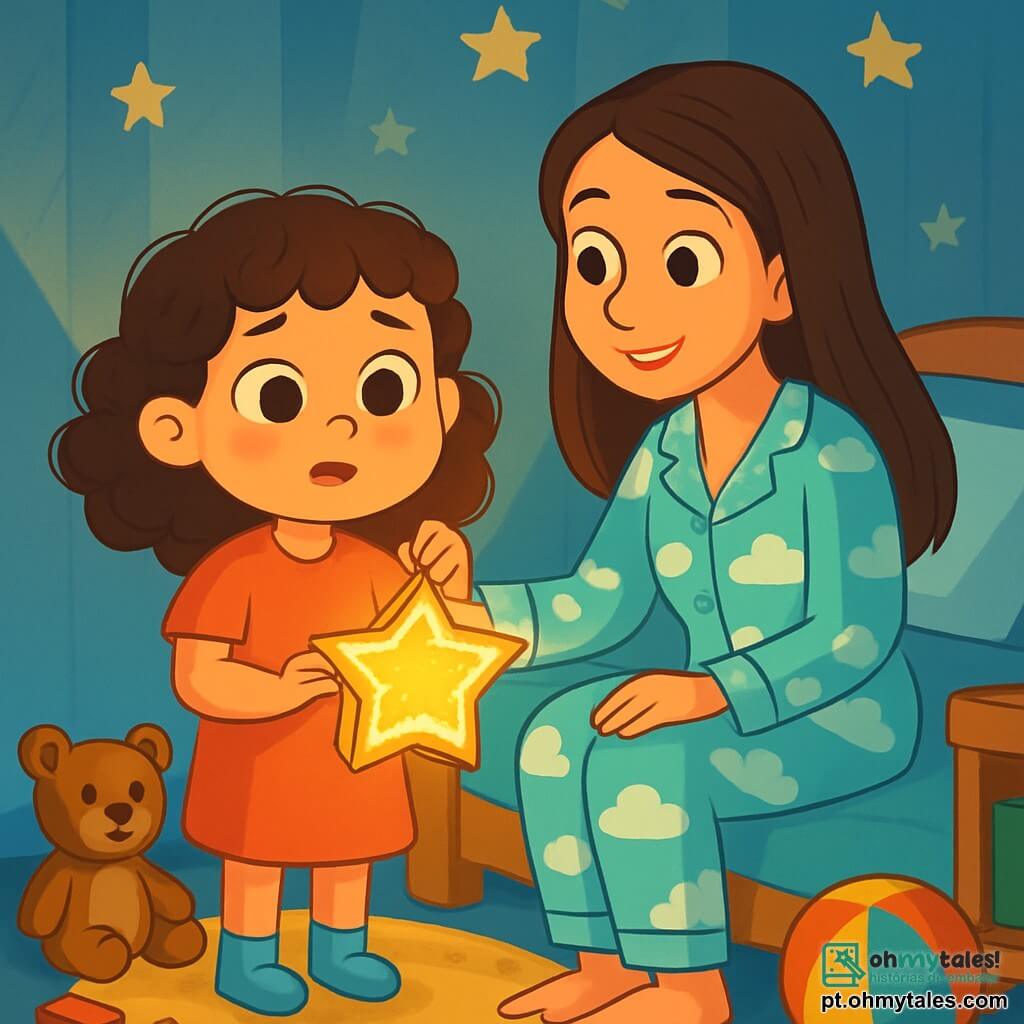 Uma menina de 6 anos, com grandes olhos brilhantes e cabelos cacheados, está no centro da cena, segurando uma lanterna em forma de estrela que ilumina seu rosto com uma suave luz dourada. Ela tem um sorriso tímido, mas curioso, mostrando uma leve hesitação diante da escuridão ao seu redor. Ao lado dela, sua mãe, uma mulher de cerca de trinta anos com cabelos longos e lisos, a observa com um sorriso tranquilizador. Ela está sentada na beirada da cama, vestindo um pijama colorido com estampas de nuvens, parecendo pronta para contar uma história. A cena ocorre em um quarto aconchegante, com paredes pintadas de azul pastel e estrelas coladas no teto. Um tapete macio está estendido no chão, e brinquedos estão espalhados ao redor. A luz da lanterna cria sombras dançantes nas paredes, acrescentando um toque mágico à atmosfera. A situação principal mostra a menina, um pouco nervosa, mas determinada, pronta para enfrentar seu medo do escuro, cercada pelo amor e apoio de sua mãe, em um momento terno e reconfortante.