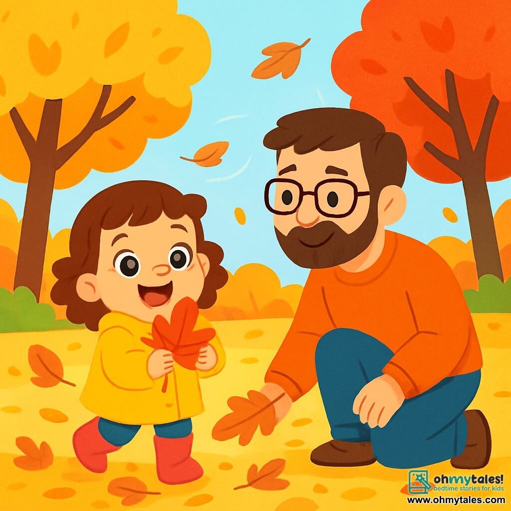 A 2-year-old girl with big bright eyes and curly brown hair joyfully smiles while holding a bright red leaf in her small hands. She is wearing a bright yellow coat and pink rubber boots. Next to her, her dad, a man in his thirties with a soft beard and glasses, looks at her tenderly while picking up another leaf. They are in a park during autumn, where the trees are adorned with vibrant leaves and the ground is covered with a warm-colored carpet. The main scene shows the little girl, amazed, jumping into the fallen leaves, while the wind makes the leaves dance around them, creating a joyful and festive atmosphere.