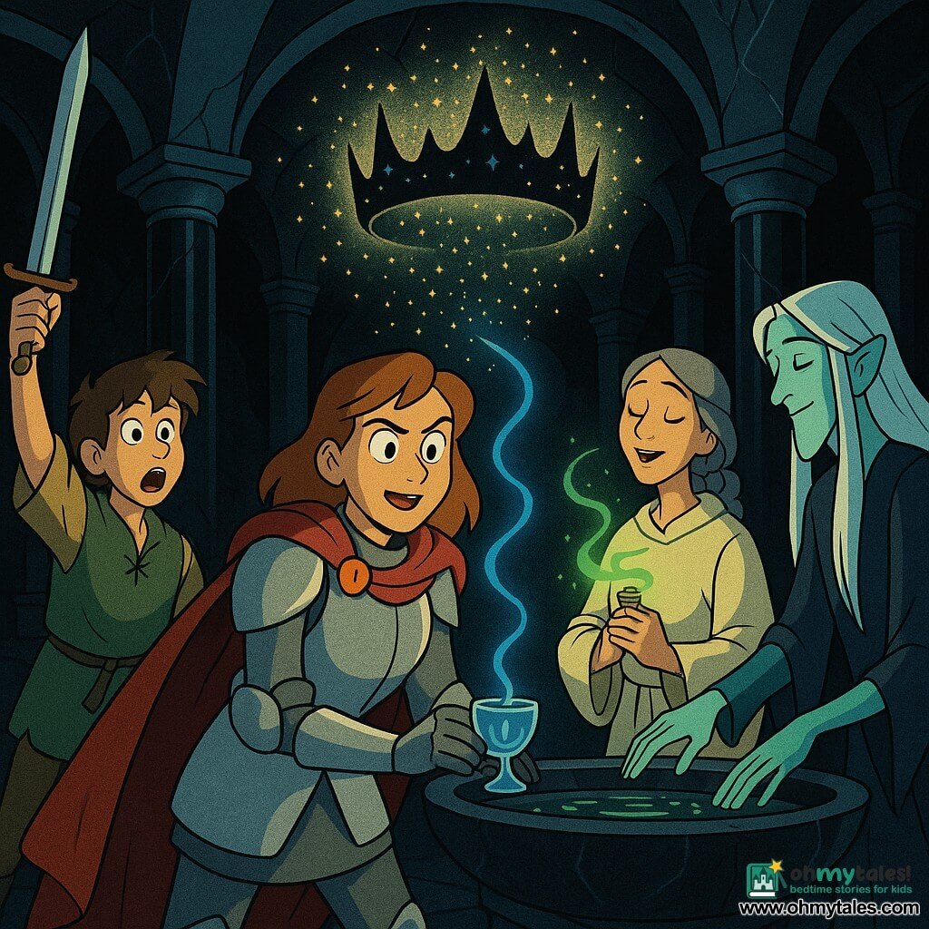 Aveline, a determined gentle female knight in matte silver armor and a rumpled red cape, rests a hand on a small glass cup emitting a thin blue light; to her right Sister Mira, about 40, in a simple cream robe with braided gray hair, softly sings while holding a vial of herbs that produces green light waves; to the left Garrick, a keen 16-year-old squire in tattered garb, raises a short sword in wonder as a Night Crown woven of shadows and glowing fissures floats above a still basin and begins to dissolve into golden sparks; in the background Caelan, a tall, slender river-being appearing ancient yet youthful-faced with silvery hair, touches the water, reflecting green light. The scene takes place in a vast underground hall of polished obsidian with stone columns and a cracked vaulted ceiling, strong contrasts of deep black, cold blues, soft greens and golden highlights, clear, saturated features conveying a tense but hopeful, peaceful confrontation.