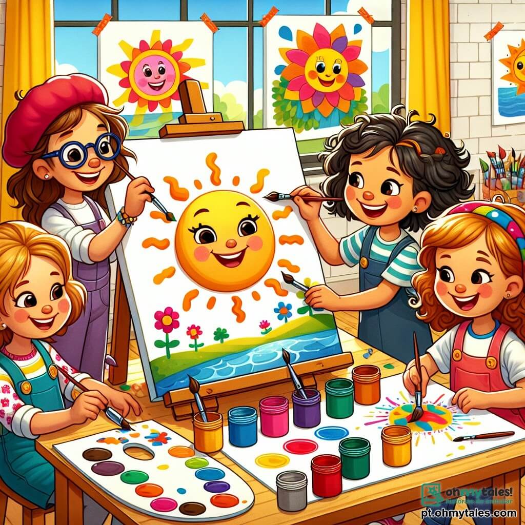 No primeiro plano, quatro meninas de 9 anos estão reunidas em torno de uma grande tela branca, cada uma segurando um pincel e potes de tinta colorida. Maria, com cabelos castanhos e óculos, sorri enquanto pinta uma paisagem ensolarada. À sua direita, Ana, uma menina de cabelos loiros cacheados, ri ao adicionar estrelas douradas à sua pintura. Clara, com cabelos negros e um boné vermelho, se concentra em um desenho de sol radiante, enquanto Beatriz, uma menina de cabelos castanhos e um grande sorriso, pinta flores coloridas em sua tela. O cenário é uma sala de pintura iluminada, com paredes amarelas e janelas que deixam entrar a luz do sol. Potes de tinta de todas as cores estão espalhados sobre mesas de madeira, e obras de arte de outras crianças decoram as paredes. As meninas estão em plena criação artística, rindo e se incentivando mutuamente, capturando o espírito alegre e colaborativo do verão no acampamento.