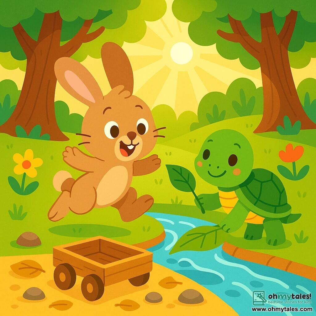 A small rabbit named Benny, with big ears, is joyful and curious, with soft brown fur, hopping excitedly near a sparkling stream. Beside him is a turtle named Tilly, with a shiny green shell and mischievous eyes, proudly holding a small leaf as a bridge. The setting is an enchanted forest, with thick-trunked trees, colorful flowers, and sunlight filtering through the leaves. Benny and Tilly are building a small wooden cart, surrounded by golden leaves and shiny pebbles, ready for a new adventure.
