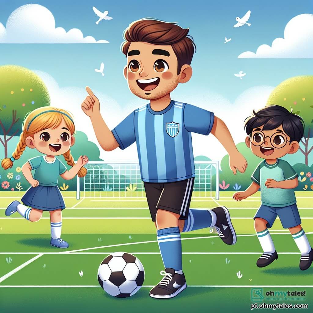 Um homem alegre chamado João, com cabelo castanho e olhos brilhantes, veste uma camisa de futebol azul e um short preto. Ele sorri amplamente, demonstrando seu entusiasmo, enquanto dribla uma bola de futebol em um campo verde. Ao lado dele, Ana, uma menina de 8 anos com cabelo loiro trançado e um sorriso radiante, corre tentando seguir João, com os braços levantados em sinal de empolgação. Miguel, um menino de 7 anos com cabelo castanho e óculos redondos, observa atentamente um pouco mais atrás, com as mãos na cintura, para aprender os movimentos de João. O local é um campo de futebol ensolarado, cercado por árvores verdes e flores coloridas, com um céu azul claro e algumas nuvens brancas. As linhas brancas marcam o campo, e os gols são visíveis em cada extremidade. A cena principal mostra João ensinando as crianças a driblar e chutar ao gol, com risadas e gritos de alegria, criando uma atmosfera de camaradagem e diversão em torno do jogo.