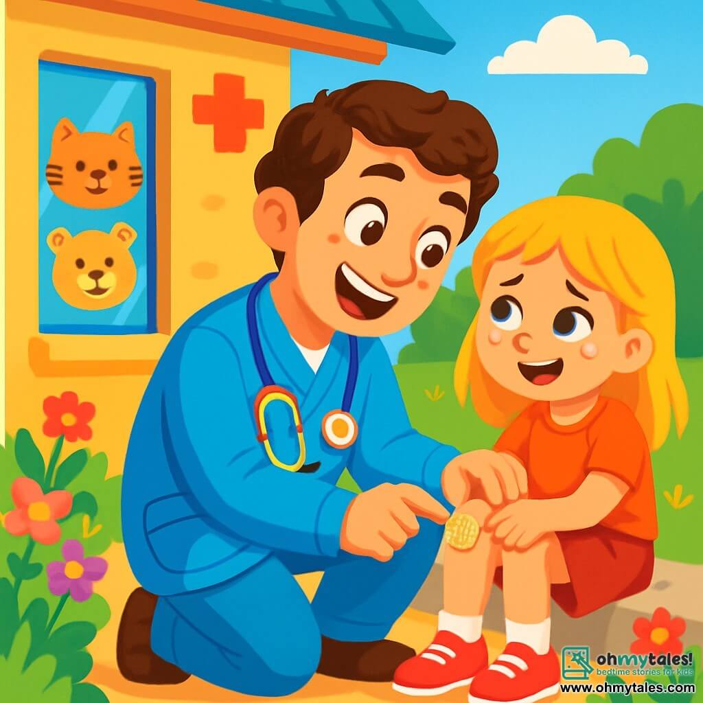 A smiling and warm male doctor, Dr. Happy, wears a bright blue coat and a rainbow-shaped stethoscope around his neck. He has brown, slightly curly hair and kind, sparkling eyes. He is crouched next to a blonde girl, about 7 years old, who has a scrape on her knee. She has tear-filled eyes, but a smile starts to appear thanks to the funny stories Dr. Happy is telling her. The setting is outside a colorful medical office with bright yellow walls and smiling animal drawings on the windows. Multicolored flowers line the path, and a clear blue sky brightens the scene. The main situation shows Dr. Happy treating the little girl, applying a sparkling bandage to her knee while telling her a funny story to comfort her.