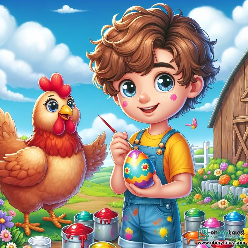 A 10-year-old boy named Oliver, with curly brown hair and sparkling curious eyes, stands at the center of the image, enthusiastically smiling while painting a colorful Easter egg. He wears a bright yellow t-shirt and denim shorts, with his hands covered in paint. Next to him, Henrietta, a proud red hen with shiny feathers, watches Oliver encouragingly, ready to help him decorate the eggs. In the background, a rustic wooden barn is visible, surrounded by green fields and vibrant flowers, under a clear blue sky dotted with fluffy white clouds. The scene depicts Oliver and Henrietta engaged in decorating Easter eggs, surrounded by paint pots and glitter, creating a joyful and festive atmosphere full of magic and creativity.