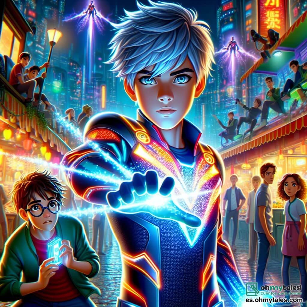 Un joven de 16 años, llamado Telios, se encuentra en el centro de la imagen, con cabello plateado brillante y ojos azules profundos, expresando una intensa determinación. Lleva un traje de superhéroe futurista de colores vivos, con patrones de energía centelleante que parecen pulsar a su alrededor, mientras lanza una poderosa ráfaga de energía luminosa de sus manos. A su lado, Kiro, un chico de 15 años con cabello castaño desordenado y gafas redondas, observa con admiración, inclinado hacia adelante, sosteniendo un gadget tecnológico en sus manos, listo para ayudar a su amigo en la batalla. El escenario se sitúa en un mercado animado de Neotrópolis, con puestos coloridos, vehículos voladores y edificios futuristas iluminados por neones brillantes. La situación principal muestra a Telios enfrentándose a un villano, "El Tenebroso", que está en la retaguardia, envuelto en una capa negra, lanzando rayos de energía oscura. Telios, con valentía, utiliza sus poderes para proteger a los inocentes, creando un campo de fuerza luminoso que contrasta con la oscuridad amenazante del villano.