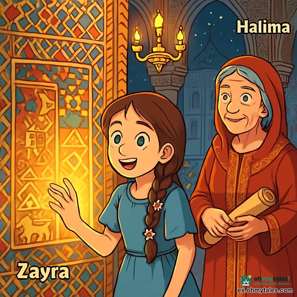 Una joven llamada Zayra, de unos 12 años, se encuentra en el centro de la escena, con los ojos abiertos de asombro. Tiene el cabello largo y trenzado, adornado con pequeñas flores blancas, y lleva un vestido de lino azul, ligeramente desgastado, que evoca su origen modesto. Sus delicadas manos tocan una antigua tapicería, iluminada por una misteriosa luz dorada, mientras una expresión de curiosidad y emoción ilumina su rostro. A su lado, Halima, una mujer de unos 60 años con cabello gris y un rostro arrugado que refleja sabiduría, observa a Zayra con benevolencia. Viste un vestido tradicional ricamente bordado y sostiene un rollo de tela en sus manos, lista para guiar a la joven en su tarea. La escena tiene lugar en la majestuosa sala de los Abencerrajes de la Alhambra, donde mosaicos coloridos brillan bajo la luz de los candelabros. Los muros están adornados con complejos patrones geométricos y altas columnas de mármol se elevan hacia un techo estrellado, creando una atmósfera mágica. Zayra, fascinada, toca la tapicería que parece vibrar bajo sus dedos, mientras una suave brisa hace danzar los hilos de seda, revelando antiguos símbolos. El aire está cargado de misterio y aventura, como si la tapicería estuviera a punto de revelarle un secreto olvidado.