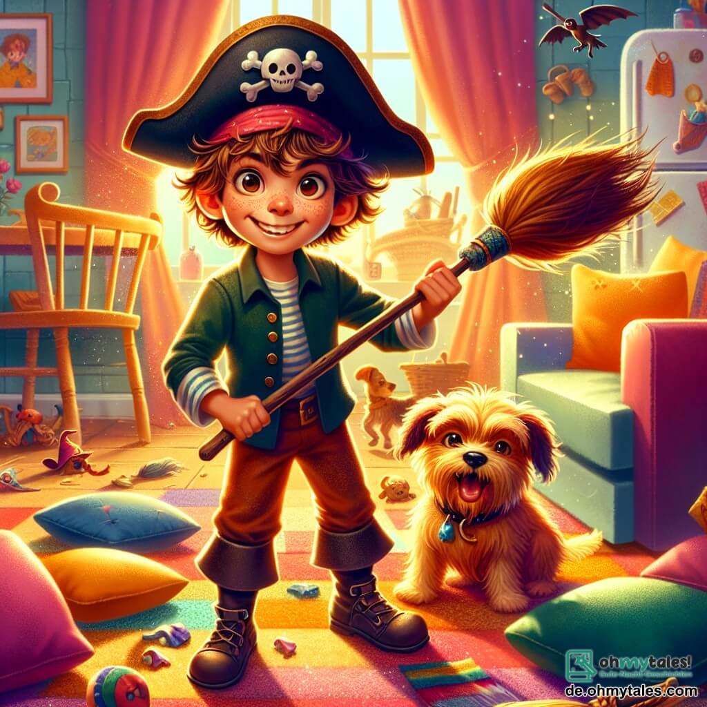 Ein 8-jähriger Junge, Felix, mit zerzausten braunen Haaren und neugierigen leuchtenden Augen, trägt einen alten Piratenhut und hält einen Besen wie ein Schwert. Er zeigt ein großes Lächeln, voller Enthusiasmus und Tapferkeit, während er stolz auf einem Haufen Kissen steht. Neben ihm sitzt sein Hund Max, ein kleiner Terrier mit goldenem Fell, der mit leuchtenden Augen zusieht, bereit, ihn auf dem Abenteuer zu begleiten. Die Szene spielt sich in einem gemütlichen Wohnzimmer ab, mit einem großen, weichen Sofa, bunten Kissen, die verstreut sind, und sanftem Licht, das durch die Vorhänge fällt. Spielzeuge liegen auf dem Teppich, was der Umgebung einen Hauch von Magie verleiht. Felix und Max bereiten sich darauf vor, einen imaginären Drachen zu bekämpfen, der hinter dem großen Kühlschrank versteckt ist, und verwandeln die Küche in eine gefährliche Höhle. Die Atmosphäre ist voller Abenteuer, mit Lachen und einem Gefühl von Kameradschaft zwischen dem Jungen und seinem treuen Begleiter.