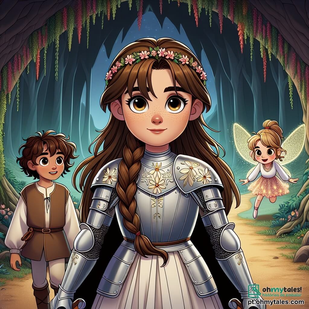 No centro da imagem, está Helena, uma corajosa cavaleira. Ela tem longos cabelos castanhos trançados, olhos brilhantes de determinação e usa uma armadura reluzente decorada com padrões florais. Sua expressão é concentrada e benevolente, enquanto segura firmemente sua espada em uma mão, pronta para defender a paz. Ao seu lado, Tomás, um jovem escudeiro de cerca de 12 anos, com cabelos cacheados e um sorriso amigável. Ele veste uma túnica simples e observa atentamente Helena, pronto para ajudá-la em sua missão. Um pouco mais atrás, a pequena fada Flor, com asas cintilantes e um vestido feito de pétalas de flores, flutua no ar, com olhos brilhando de excitação, pronta para guiar seus amigos. A cena ocorre na entrada de uma caverna escura e misteriosa, cercada por árvores majestosas com folhas verdejantes. Raios de luz penetram através da folhagem, iluminando o caminho que leva à caverna, onde se percebe um brilho avermelhado no interior. Helena se posiciona corajosamente diante da entrada da caverna, dirigindo-se ao grande dragão de escamas brilhantes que está dentro, com uma expressão de compaixão no rosto. A tensão é palpável, mas a atmosfera é cheia de esperança, enquanto eles buscam juntos uma solução pacífica para seu conflito.