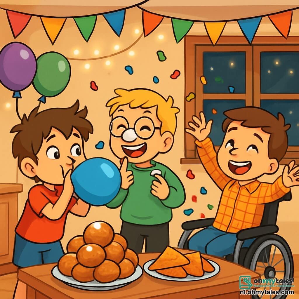 Er zijn 3 kinderen: Tom: een 8-jarig jongetje met rommelig bruin haar en sprankelende ogen. Hij draagt een rood t-shirt en een blauwe short, en hij blaast in een grote feestballon. Bas: een 8-jarig jongetje met blond haar en ronde bril. Hij draagt een groene trui en een zwarte broek, en hij lacht terwijl hij probeert slagroom op zijn neus te krijgen. Sam: een 8-jarig jongetje met kastanjebruin haar en een grote glimlach. Hij zit in een rolstoel, gekleed in een geruit shirt en een spijkerbroek, en hij houdt confetti in zijn handen, klaar om het te gooien. De locatie is een gezellige woonkamer versierd voor Oud en Nieuw, met kleurrijke slingers aan het plafond, zwevende ballonnen en een grote tafel vol heerlijke traktaties zoals oliebollen en appelflappen. Sprankelende lichten verlichten de kamer, waardoor een feestelijke en vrolijke sfeer ontstaat. De situatie toont de drie kinderen die zich voorbereiden op het nieuwe jaar, lachend en spelend samen. Tom blaast in een ballon, Bas bedekt zichzelf met slagroom, en Sam gooit confetti in de lucht, terwijl het gelach door de kamer weerklinkt.