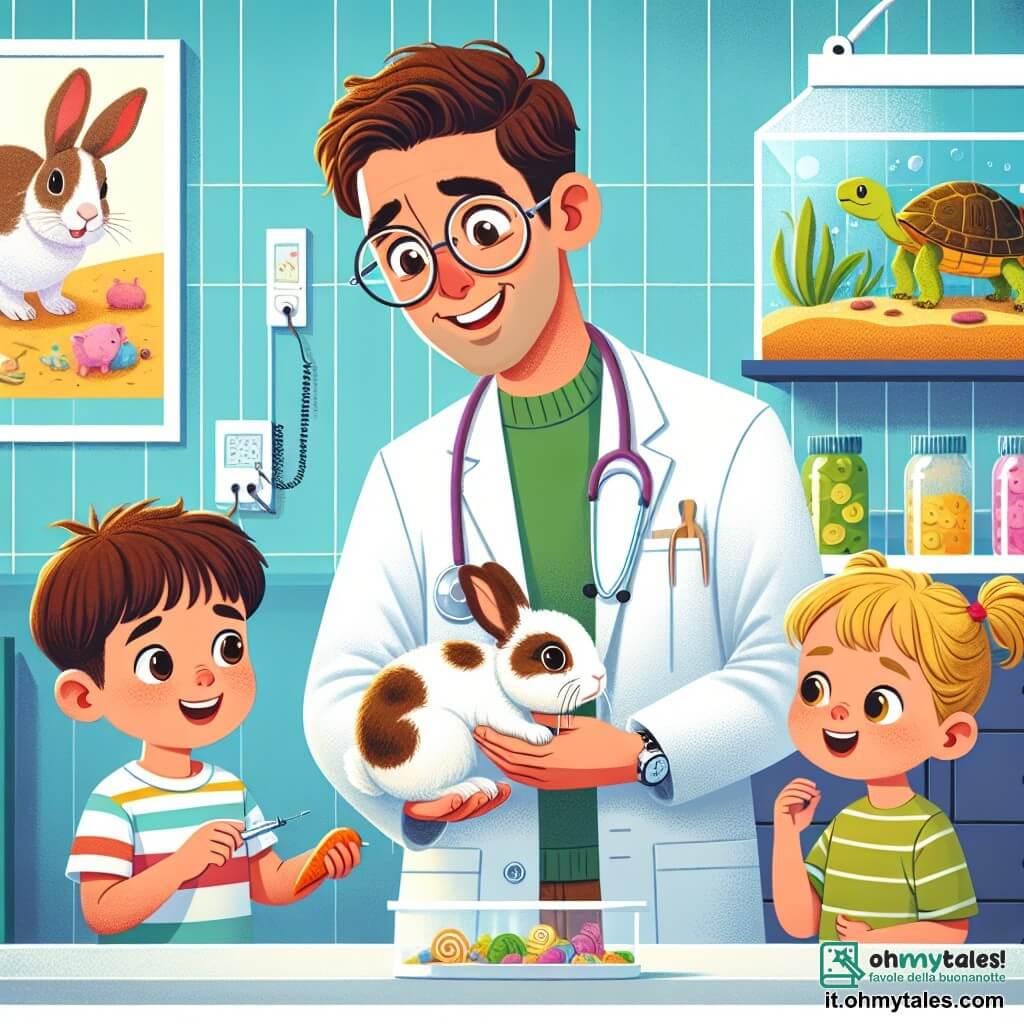 Il personaggio principale è un uomo, il Dottor Leo, un veterinario sorridente di circa trent'anni, con capelli castani e occhiali rotondi. Indossa un camice bianco, uno stetoscopio attorno al collo e guarda con benevolenza un piccolo coniglio bianco di nome Fluffy, che tiene delicatamente tra le mani. Accanto a lui c'è Marco, un ragazzo di 8 anni con capelli castani e occhi scintillanti, che osserva con curiosità, tenendo una carota in mano, pronto a darla a Fluffy. Sua sorella, Giulia, una bambina di 6 anni con due codini biondi, si sporge in avanti con un grande sorriso, impaziente di vedere il piccolo coniglio guarire. La scena si svolge in una clinica veterinaria colorata, con muri decorati da poster di animali, giocattoli sparsi per il pavimento e un grande terrario con una tartaruga sorridente su uno scaffale. La situazione principale mostra il Dottor Leo mentre dà una piccola dose di medicinale a Fluffy, mentre Marco e Giulia guardano con ammirazione, i loro volti illuminati dalla speranza e dall'amore per il loro piccolo amico a quattro zampe.
