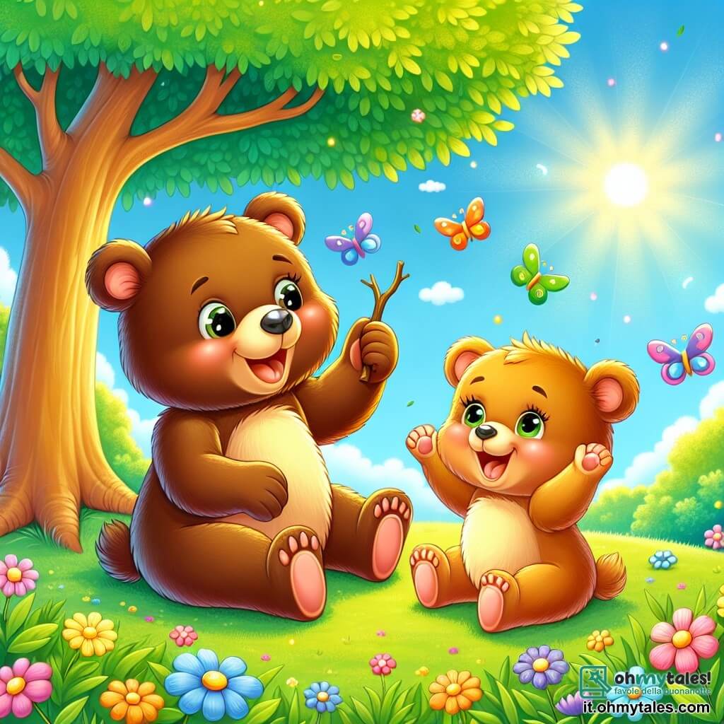 Due piccoli orsetti gemelli, Lino e Lina, sono seduti sotto un grande albero con foglie verdi brillanti. Lino, un orsetto marrone con grandi occhi scintillanti di malizia, sorride allegramente tenendo un bastone tra le zampe. Lina, un'orsetta con pelliccia dorata e guance rosa, ride alzando le braccia, pronta a giocare. Il sole brilla in un cielo blu chiaro, illuminando il dolce terreno coperto di fiori colorati e erba verde. Sullo sfondo, farfalle multicolori volano intorno a loro, aggiungendo magia alla scena. I due orsetti, circondati dalla bellezza della natura, si divertono a giocare a nascondino, le loro risate risuonano nell'aria fresca e gioiosa.