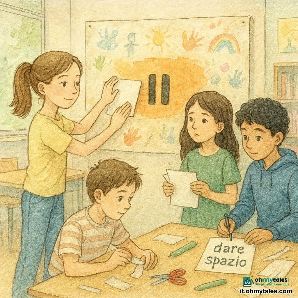 Ragazza 12 anni Giulia, sguardo calmo e deciso, sorriso dolce, capelli castano chiaro raccolti in coda, maglietta giallo pallido e jeans, applica con mani delicate un nuovo cartoncino sul cartellone; ragazzo ~12 anni Amir, timido ma grato, occhi nocciola, capelli neri leggermente ricci, felpa blu, riscrive «dare spazio» su un cartoncino pulito vicino al muro; ragazza ~12 anni Martina, volto confuso ma collaborativo, capelli castani sciolti, vestito verde, porge fogli e tovaglioli accanto a Giulia; ragazzo ~12 anni Luca, un po' imbarazzato ma d'aiuto, maglietta a righe, tiene rotoli di nastro adesivo inginocchiato davanti al tavolo; aula luminosa con grandi finestre, tavoli in legno, muro coperto di poster colorati e mensole di libri, grande cartellone appeso con bordi stropicciati, disegni e parole colorate; dettaglio: macchia aranciata di aranciata al centro del cartellone e simbolo “pausa” nero leggermente macchiato, mani di bambini intente, fogli, forbici, colla e pennarelli sparsi; atmosfera di riparazione collettiva, calda e concentrata, gesti premurosi e complicità, luce morbida filtrata dalla finestra.