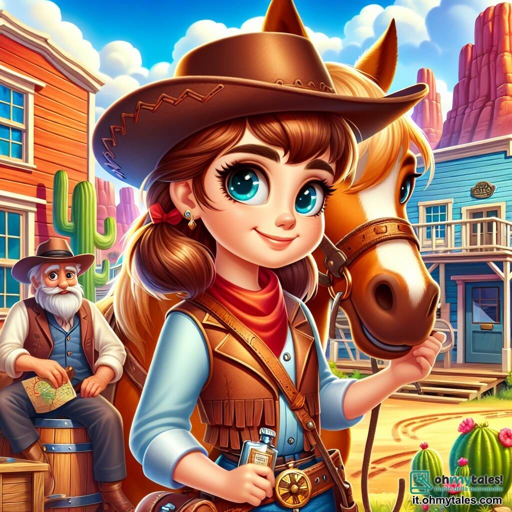 Clara, una giovane cowgirl dai capelli castani e dagli occhi pieni di curiosità, indossa un grande cappello intrecciato e un gilet di pelle. È in piedi, con un sorriso deciso, tenendo una mappa in una mano e una borraccia nell'altra, pronta per l'avventura. Accanto a lei, Stella, il suo cavallo fulvo dai crini dorati, si erge fiera, le orecchie tese, come se fosse impaziente di iniziare il viaggio. Sullo sfondo, il vecchio Joe, un uomo anziano con la barba grigia e un cappello consumato, è seduto su una cassa di legno davanti al saloon, osservando Clara con uno sguardo benevolo e preoccupato. Il paesaggio è quello di un piccolo villaggio del Far West, con case di legno dai colori vivaci, cactus giganti e montagne rosse che si stagliano all'orizzonte sotto un cielo blu brillante. La scena mostra Clara pronta a esplorare il mistero delle tracce misteriose vicino al vecchio pozzo, con un'espressione di eccitazione e determinazione sul volto, mentre il sole inizia a tramontare, proiettando lunghe ombre dorate sul terreno polveroso.