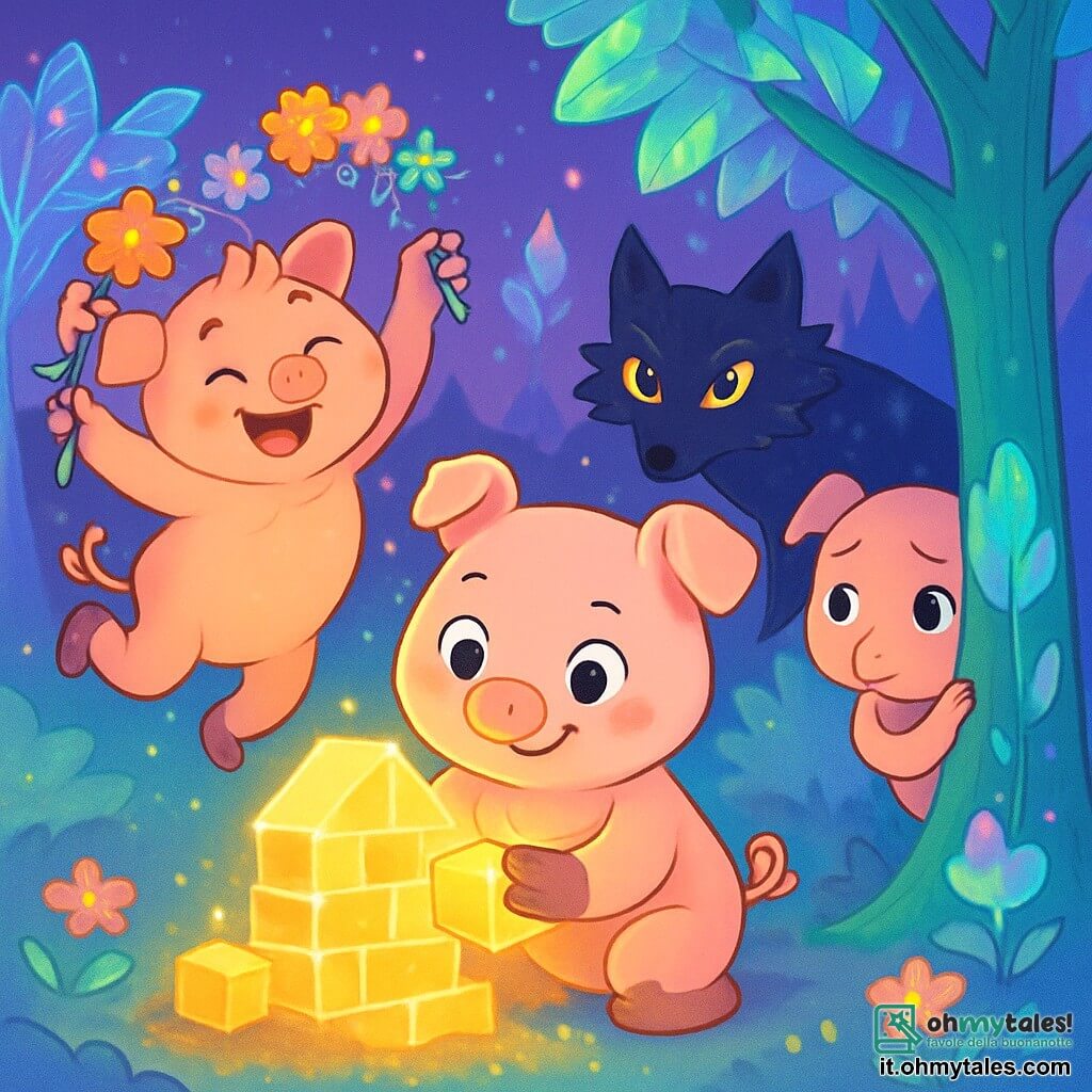 Al centro, Porcellino Saggio, un piccolo maiale rosa con occhi scintillanti e un sorriso sicuro, sta costruendo una casa di mattoni di luce, con le zampe piene di terra e polvere luccicante. Accanto a lui, Porcellino Allegro, un maiale gioioso con guance rotonde e una criniera arruffata, salta di gioia tenendo una ghirlanda di fiori colorati, mentre Porcellino Timido, un piccolo maiale con orecchie cadenti e uno sguardo preoccupato, osserva con una leggera esitazione, nascosto dietro un albero di cristallo. Sullo sfondo, il Lupo delle Ombre, una creatura misteriosa con pelliccia scura e occhi brillanti come stelle, si tiene a distanza, incuriosito dalla luce splendente della casa. Il paesaggio è un magnifico Bosco di Cristallo, dove gli alberi scintillano sotto un cielo viola, con foglie di vetro che riflettono colori arcobaleno, e fiori luminosi che danzano al vento. La scena mostra Porcellino Saggio che incoraggia i suoi fratelli a costruire insieme una casa forte e accogliente, illuminata da una dolce luce, mentre il Lupo delle Ombre osserva, curioso ma esitante, pronto a scoprire il calore dell'amicizia.