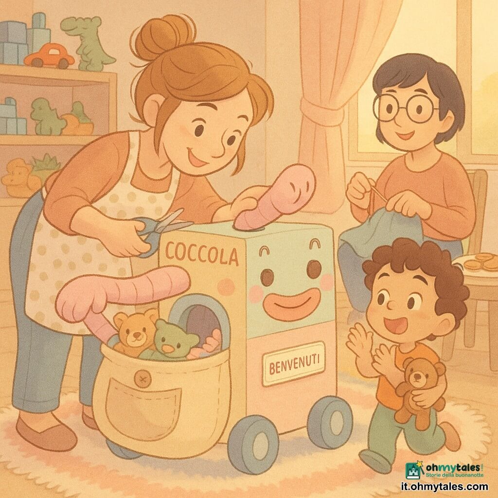 Una donna, Lidia, sorridente e concentrata, capelli castano chiaro raccolti in uno chignon disordinato, con un grembiule a pois e forbici in mano, aggiusta la macchina; un bambino di circa 4 anni, Tommaso, riccio scuro e occhi grandi pieni di meraviglia, applaude saltellando tenendo un orsacchiotto marrone; una donna adulta, Sara, sulla trentina, capelli corti neri e occhiali tondi, cuce una grande tasca sorridente sulla borsa della macchina seduta dietro Lidia. Il salone è caldo, con tappeto soffice a righe, scaffali pieni di giocattoli colorati, una finestra che filtra luce dorata pomeridiana e biscotti su un tavolino. La macchina "Coccola" è un congegno artigianale in cartone dipinto pastello, con grandi ruote di plastica, un braccio in calzino imbottito rosa che accarezza, una grande bocca sorridente di stoffa, un sacco chiuso da un bottone rosso, giocattoli in fase di riordino e un'etichetta "Benvenuti" sulla porta. Stile grafico: tratti morbidi, colori pastello, texture tessili visibili, ombre leggere, espressioni esagerate per tenerezza e gioia.
