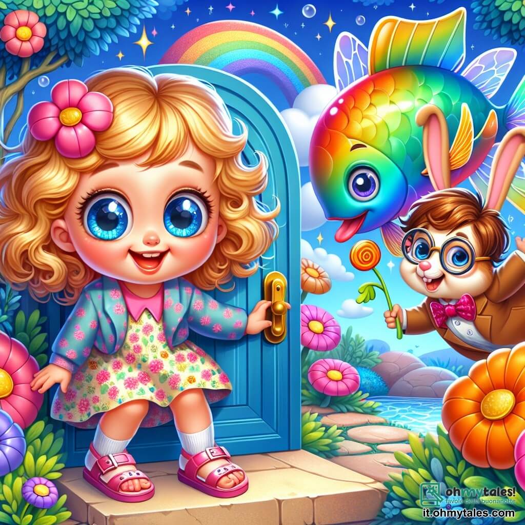 Una bambina di 2 anni, di nome Lalla, con grandi occhi brillanti e capelli ricci dorati, sorride meravigliata scoprendo una porta colorata dietro un cespuglio. Indossa un vestito a fiori e sandali rosa, accovacciata pronta ad aprire la porta. Accanto a lei, un pesce volante dalle squame multicolori, con ali trasparenti, fluttua nell'aria, allegro e vivace, impaziente di giocare a nascondino. Sullo sfondo, un coniglio divertente di circa 5 anni, con occhiali tondi e un papillon, sta in piedi sulle zampe posteriori, tenendo una carota magica, pronto ad aiutare Lalla. Lo scenario è un giardino incantato, con alberi dai tronchi blu, fiori giganti di tutti i colori e un cielo blu brillante punteggiato di nuvole a forma di caramelle. La scena principale mostra Lalla, piena di curiosità, pronta ad aprire la porta misteriosa verso un mondo fantastico, circondata dai suoi nuovi amici pronti a seguirla nell'avventura.