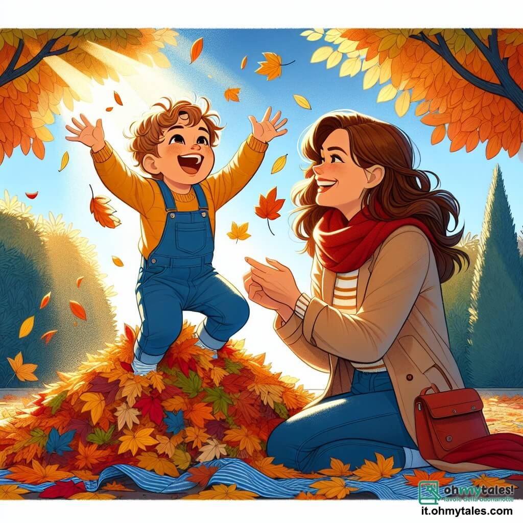 Un ragazzino di 2 anni di nome Leo, con capelli ricci e occhi scintillanti, è seduto in un grande mucchio di foglie autunnali colorate, sorridendo felice. Indossa una salopette blu e un maglione giallo, e ride lanciando foglie in aria. Accanto a lui, sua madre, una donna di circa 30 anni con capelli castani e un sorriso caloroso, osserva Leo con tenerezza. Indossa una sciarpa rossa e un cappotto beige, ed è accovacciata, pronta ad aiutarlo a saltare nelle foglie. Lo scenario è un giardino autunnale, pieno di alberi con foglie dorate, arancioni e rosse, con un cielo azzurro chiaro sullo sfondo. I raggi di sole filtrano tra i rami, illuminando la scena con una dolce luce. La situazione principale mostra Leo pronto a fare un grande salto nel mucchio di foglie, con le braccia alzate e il viso radioso di gioia, mentre sua madre lo incoraggia con un sorriso, creando un'atmosfera di felicità e magia autunnale.
