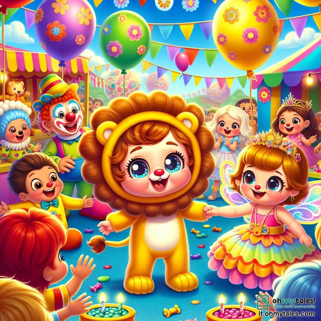 Un bambino di 2 anni, Leo, sorridente e felice, indossa un costume da leone con una criniera morbida e dorata. I suoi grandi occhi brillanti esprimono eccitazione mentre cerca di far girare cerchi colorati. Accanto a lui, un pagliaccio allegro di circa 30 anni, con un naso rosso e capelli multicolori, ride incoraggiando Leo a giocare. Una piccola fatina, una bambina di 5 anni con ali scintillanti e un vestito rosa, sorride e tiene la mano di Leo, pronta a partire per un'avventura. La scena si svolge nel cuore di una festa di carnevale vivace, con palloncini colorati che fluttuano nel cielo blu, ghirlande di fiori appese agli stand e bambini che danzano intorno a loro. Leo, il pagliaccio e la fatina sono circondati da risate e musica, immersi in un'atmosfera festosa e gioiosa, pronti a scoprire un tesoro di caramelle colorate, pieni di gioia e amicizia.