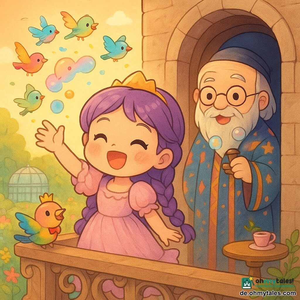 Eine fröhliche, neugierige Prinzessin mit violetten Zöpfen und pastellfarbenem Rüschenkleid steht auf einem geschnitzten Holzbalkon, winkt und ruft „Guten Morgen!“ mit strahlendem Lächeln; hinter ihr lächelt der alte Zauberer Herr Pfefferkorn (≈70) mit langem grauem Bart, runder Brille und bunter Robe, die Pfeife bläst bunte Seifenblasen; ein winziger Vogel Pieps mit roter Krawatte und regenbogenfarbenen Federn sitzt auf ihrer Schulter und zwitschert; eine kleine Vogelprinzessin mit Federkrone schwebt vor dem Balkon, von bunten Vögeln umgeben; Ort: Schlossbalkon mit geschnitzter Balustrade und Blick auf einen blühenden Garten im goldenen Morgenlicht; Szene: morgendliches Begrüßungsritual, Vögel formen bunte Kreise, dynamisch und niedlich, chibi-kawaii Stil, kräftige Pastellfarben, runde Linien und weiche Texturen.