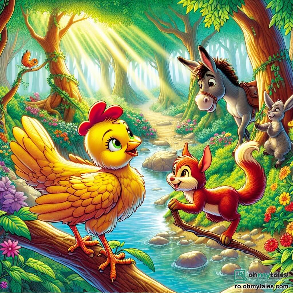 O găină curajoasă pe nume Lili, cu pene strălucitoare de aur și ochi plini de curiozitate, stă pe marginea unui pârâu, privind cu hotărâre spre cealaltă parte. Lângă ea, un mic veveriță pe nume Titi, cu blană roșcată și ochi vioi, se cațără pe o ramură, pregătit să o ajute să traverseze. Un măgar pe nume Marius, cu o ureche mare căzută și un zâmbet prietenos, stă puțin mai în spate, observând scena cu entuziasm. Decorul este o pădure fermecată, cu copaci măreți și frunze verzi strălucitoare, flori colorate care cresc de-a lungul pârâului și raze de soare care filtrează prin ramuri, creând o atmosferă magică. Lili și prietenii ei se pregătesc să construiască un pod din ramuri pentru a traversa pârâul, simbolizând curajul și prietenia lor în căutarea oului de aur.
