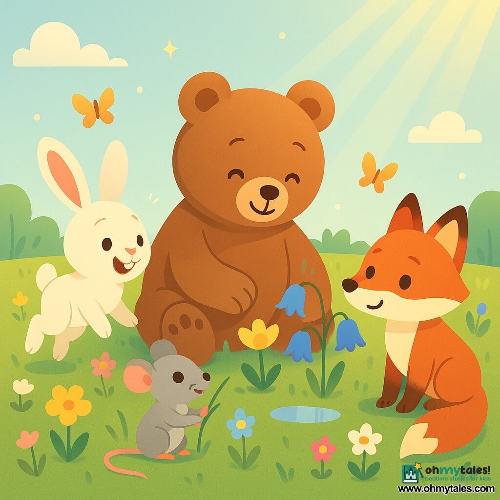 Bramble, a large round brown teddy bear with a serene, joyful expression, sits center reaching toward a small yellow flower opening; Willow, a white rabbit with big pink ears, is left, excited and hopping, twitching her nose at buds; Sable, a glossy red fox with a bushy tail, sits right, curious and smiling toward a row of blue bellflowers; Pip, a small gray mouse with bright eyes, perches near Bramble's paws holding a blade of grass, all in an open spring meadow of tender green grass, vivid tufts of yellow, pink, blue and white flowers, a few sparkling puddles, golden butterflies and soft sunbeams under a clear blue sky; main scene: the animals form a circle listening to the wind and birds while flowers slowly open, petals unfolding, creating a calm warm atmosphere; graphic style: simple rounded shapes, saturated pastel colors, clean outlines, very soft shadows, clear childlike composition, no text or complex realistic elements.