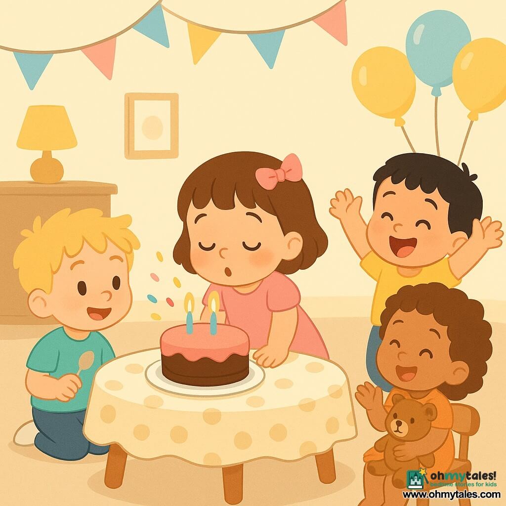 Four children: Mia (2), a short brown-haired girl with a pink ribbon, standing center in front of a low table blowing out two candles on a small round cake; Sam (3), a tousled blond boy left of the table holding a small spoon and smiling at the cake; Leo (2), a light-skinned black-haired boy to the right, hopping on tiptoe with arms raised in joy; Ana (2), a curly light-brown–haired girl seated behind the table holding a teddy and clapping. The scene is a warm, bright living room with cream walls, blue/pink/yellow paper bunting, a low wooden table with a polka-dot cloth, a yellow paper lantern on a shelf and pastel balloons near the ceiling. Main moment: birthday cake—Mia blows the two candles while the others sing and applaud, a small confetti pop is about to burst; joyful atmosphere, soft colors, rounded shapes, happy expressions and simple gestures.