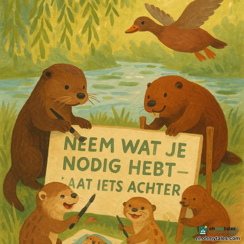 Milo, een jonge otter met glanzend bruin vel en trillende snorharen, schildert geconcentreerd met een dikke borstel letters op een houten paneel; Lio, een kleine otter met roomkleurige vlekken, knielt naast hem, lacht en schildert een kleurrijke otter op de rand; Bram, een gedrongen bever met donkerroodbruine vacht en grote tanden, steekt tevreden twee houten palen in de grond achter het bord; Noor, een elegante eend met glad verenkleed, vliegt net boven het tafereel met halfopen vleugels, nieuwsgierig en aanmoedigend; de heldere rivier weerspiegelt de lucht met zilveren glans en groene algen, de oever is bezaaid met gladde keien en hoog gras, een grote treurwilg met hangende takken en zachtgroene bladeren werpt gouden vlekken licht; op het paneel staat in grote simpele letters: NEEM WAT JE NODIG HEBT — LAAT IETS ACHTER, de verf licht ongelijk en met natte randen; warme sfeer, natuurlijke pasteltinten, zichtbare gouachetexturen zoals penseelstreken, papierkorrel en kleine verfspatten, compositie gecentreerd op het bord en de personages, intieme nabij perspectief en een zachte, optimistische uitstraling.
