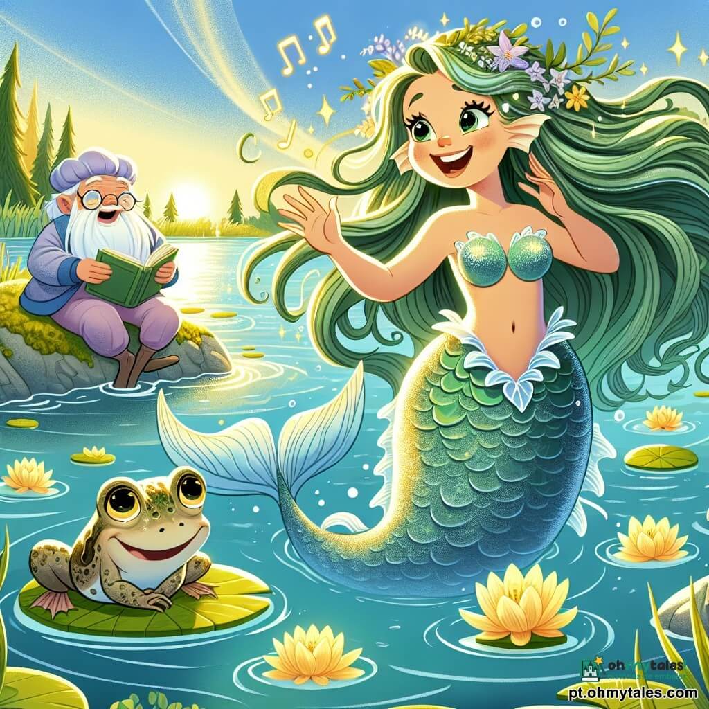 Uma sereia chamada Marilu, com longos cabelos verdes como algas, nada alegremente em um lago cintilante, suas escamas prateadas brilhando ao sol. Ela tem um grande sorriso, seus olhos brilhando de curiosidade e alegria. Perto dela, um velho sapo lilás, o Guardião do Fundo Brilhante, está sentado em uma pedra coberta de musgo, lendo um livro de folhas de nenúfar, com uma expressão sábia e divertida. O lago é cercado por flores douradas que flutuam na superfície, iluminadas por raios de sol dourados, e árvores com folhas azul-vivo se erguem nas margens. A cena principal mostra Marilu cantando para uma flor dourada triste, enquanto o vento dança ao redor deles, criando uma atmosfera mágica e alegre.
