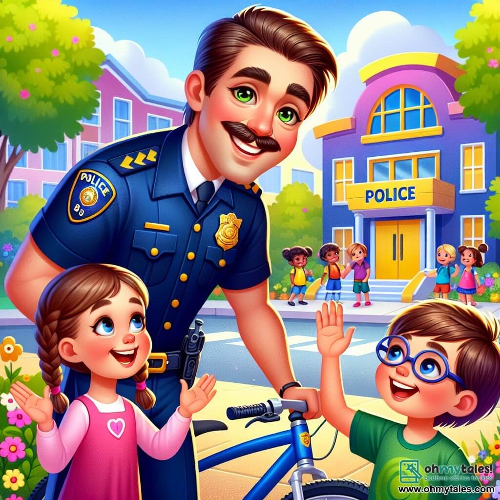 A smiling police officer, a man about 30 years old with a well-groomed mustache and a bright blue uniform, stands on his bike. He has sparkling eyes and a warm smile, ready to talk to the children. Next to him, an 8-year-old girl with braided brown hair and a pink dress raises her hand enthusiastically, eager to ask a question. A 7-year-old boy with glasses and a green t-shirt stands slightly back, listening attentively. The scene takes place in front of a colorful school with yellow walls and bright windows, surrounded by a flower-filled garden where children play. Green trees and colorful flowers add life to the background. The main situation shows the officer sharing captivating stories with the children, who listen with wide eyes, eager to learn more about his job.