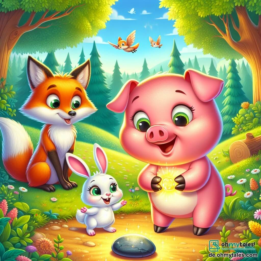 Ein kleines rosa Schweinchen namens Pipp, mit großen funkelnden Augen und einem fröhlichen Lächeln, hält einen kleinen glänzenden Stein in seinen Pfoten, fasziniert von seiner Entdeckung. Neben ihm schaut ein schlauer Fuchs namens Felix, mit leuchtend orangefarbenem Fell und buschigem Schwanz, neugierig auf den Stein, während ein niedlicher weißer Hase namens Hoppel, mit großen Ohren und weichem Fell, vor Freude hüpft, seine Augen vor Aufregung strahlend. Die Szene spielt in einer sonnigen Lichtung im Wald, umgeben von großen Bäumen mit leuchtend grünen Blättern und bunten Blumen, die im Wind tanzen. In der Ferne singen Vögel in den Ästen und verleihen der Atmosphäre einen Hauch von Magie. Pipp, Felix und Hoppel entdecken gemeinsam den magischen Stein, der von einem geheimnisvollen Glanz erleuchtet wird, und bereiten sich darauf vor, ein unglaubliches Abenteuer in einer verzauberten Welt zu erleben.