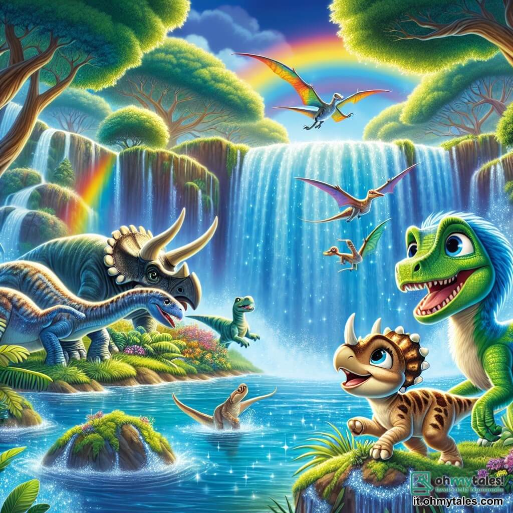 Un velociraptor di nome Rocco, con piume verdi e blu scintillanti, si trova ai bordi di una cascata magica, con gli occhi brillanti di eccitazione e un ampio sorriso sul volto. Accanto a lui, una piccola triceratopo di nome Tina, con corna delicate e pelle beige, salta di gioia, i suoi occhi scintillanti di felicità. Sullo sfondo, un brontosauro di nome Bruno, grande e amichevole, osserva la scena con un sorriso benevolo, mentre un pterosauro di nome Pino vola sopra di loro, con le ali colorate spiegate, pronto a tuffarsi. Il luogo è un'isola preistorica lussureggiante, con alberi giganti dalle foglie vibranti e fiori brillanti che brillano sotto il sole. La cascata, di un blu splendente, scorre giù per rocce scintillanti, creando un arcobaleno nell'aria. La scena principale mostra Rocco e Tina che si preparano a esprimere un desiderio davanti alla cascata, circondati dai loro amici, tutti impazienti di scoprire la magia dell'amicizia e dei desideri esauditi.