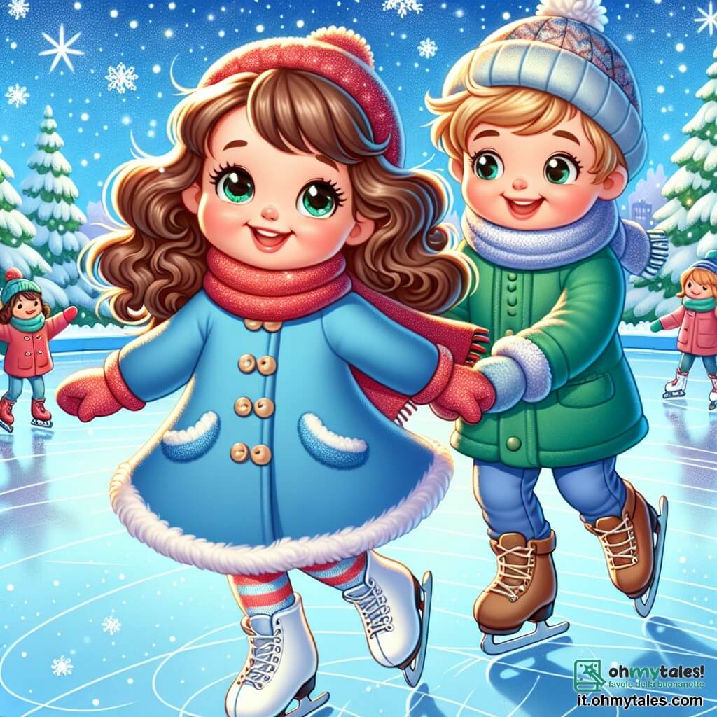Una bambina di 3 anni, Sofia, con grandi occhi brillanti e guance rosa, indossa un caldo cappotto blu, una sciarpa rossa e guanti di lana. Ride gioiosamente mentre pattina su una pista all'aperto, i suoi capelli castani ricci che fluttuano dietro di lei. Accanto a lei, Marco, un ragazzo di 4 anni con capelli biondi e un sorriso splendente, la incoraggia tenendole la mano. Indossa una giacca verde e un berretto di lana. Sullo sfondo, un incantevole parco invernale è coperto da un spesso manto di neve scintillante, con alberi carichi di neve e bambini che giocano e lanciano palle di neve. La scena mostra Sofia che pattina con entusiasmo, mentre Marco la aiuta a mantenere l'equilibrio, il tutto sotto un cielo azzurro chiaro punteggiato di nuvole bianche.