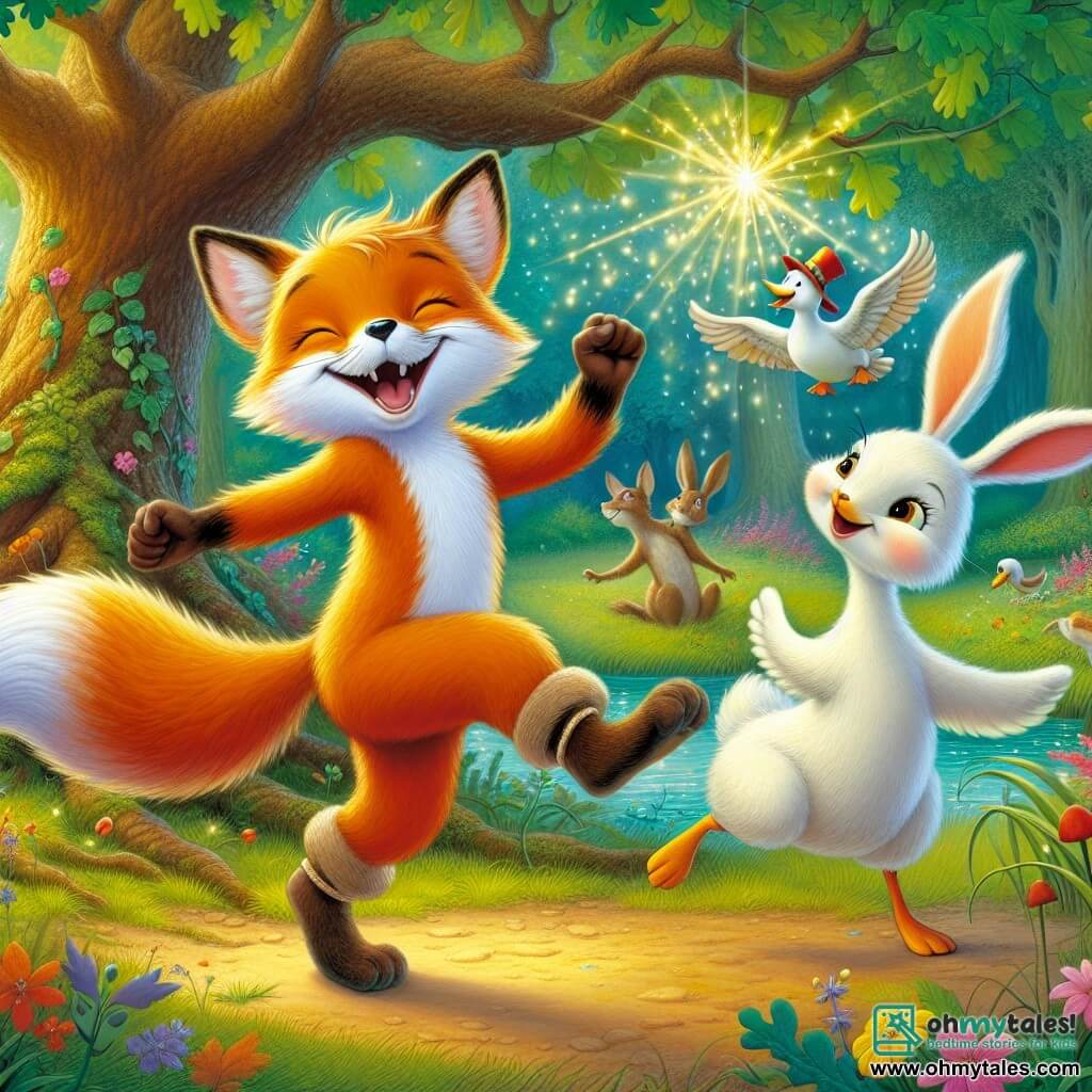A clever little fox named Felix, with bright orange fur and a bushy tail, joyfully dances under a large oak tree, wearing a colorful magical hat that sparkles. He has a big smile on his face, showing his excitement. Next to him, a small bunny named Bella, with white fur and big ears, jumps and laughs, her eyes sparkling with joy. She also wears the hat, making her look like a funny kangaroo. In the background, a goose named Gary, with white feathers and a serious expression, watches them laugh, standing near a shimmering stream. The setting is an enchanted forest filled with vibrant trees, bright flowers, and golden light filtering through the leaves. The scene shows Felix and Bella having fun with the magical hat, dancing and laughing together, while Gary encourages them with an amused smile.