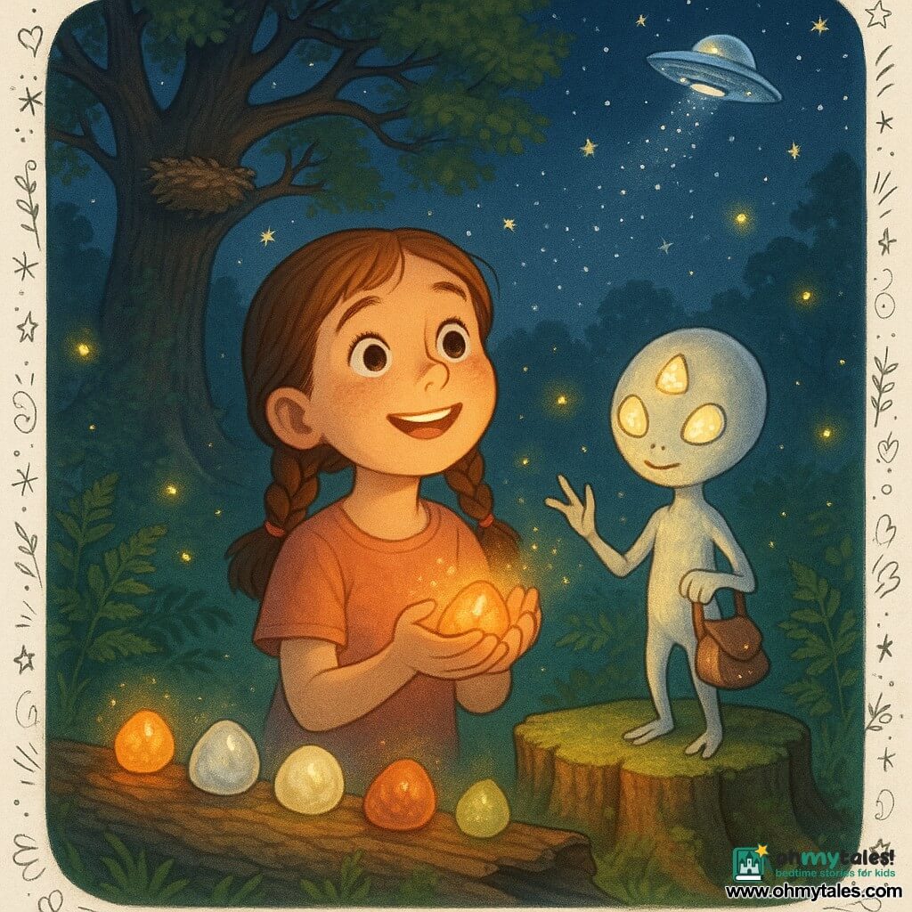 A 10-year-old girl with a round freckled face and brown braided hair, smiling with wide, amazed eyes, gently holds a small orange light-stone and looks up; beside her stands Talli, a small friendly alien with three triangular glowing eyes and pearlescent coin-colored skin, knee-height to the girl, snapping his fingers and holding a sparkling satchel on a stump; to the side, five meteors rest on an old mossy log—each a different color/texture (orange, matte silver, milky glass, hot stone, lamp-stone) with soft halos; nighttime forest clearing with a large oak and high nest, mossy ground, ferns, yellow fireflies, and a starry sky; main scene: the girl and the alien examine the meteors as silver motes rise toward a small nacreous saucer ascending, creating a magical, warm atmosphere of pastel tones and silvery glow.