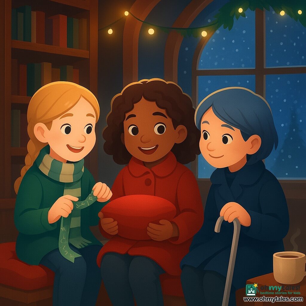 Three girls sit on a large red cushion in a cozy village library at night: Lila, about 10, center, shoulder‑length chestnut curls, red coat with big buttons, clutching a small red velvet cushion and smiling at the camera; Nora, about 9, left, blond hair in a braid, green-and-cream striped scarf, unrolling a silver-green ribbon embroidered with lyrics; Mira, about 11, right, short gray-blue hair, navy coat, one hand on a silver cane with a small bell, leaning toward her friends and smiling. Warm wooden shelves, a round window seat with a frosted window, yellow fairy lights, cream rug, simple Christmas decorations and stacked books surround them; snowflakes are visible outside and steam from hot chocolate rises on a nearby table. The girls share a recovered song—Lila holds the cushion, Nora shows the ribbon with the words, Mira listens—creating a tender, warm moment set against the cool blue of the window.