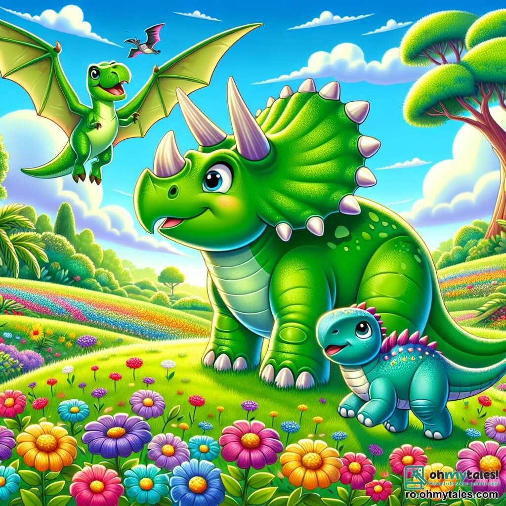 Un triceratops numit Timi, cu o piele verde strălucitoare și trei coarne majestuoase, stă în vârful unei coline, cu o privire uimitoare și fericită, înconjurat de flori colorate care dansează în vânt. Lângă el, un pterodactil numit Pipi, cu aripi mari de un albastru strălucitor și un zâmbet prietenos, zboară ușor deasupra lui Timi, observând peisajul cu curiozitate. Un ankilosaur numit Koko, cu un carapace robustă și spini pe spate, stă aproape de Timi, cu ochii strălucind de entuziasm, pregătit să-l ajute în aventură. Decorul este o vastă pajiște verde, presărată cu flori multicolore și copaci mari și majestuoși, sub un cer albastru deschis presărat cu nori pufoși. Situația principală arată cum Timi, Pipi și Koko își planifică căutarea dinozaurului legendar Stego, cu expresii de determinare și prietenie pe fețele lor.