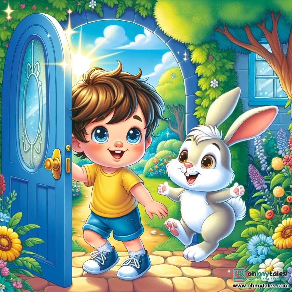 A 2-year-old boy with messy brown hair and sparkling curious eyes stands in front of a bright blue door in his garden. He wears a yellow t-shirt and blue shorts, smiling in wonder, ready to enter a magical world. Next to him, an adorable little rabbit with big ears, white fur, and brown spots hops joyfully. It looks friendly and invites the boy to follow, just a few steps from the door. In the background, the garden is filled with colorful flowers and lush trees, while a magical forest appears beyond the door, with sparkling trees and sunlight filtering through the leaves. The main scene shows the boy and the rabbit preparing to cross the blue door, eager to start their adventure in an enchanted world, surrounded by bright colors and a joyful atmosphere.