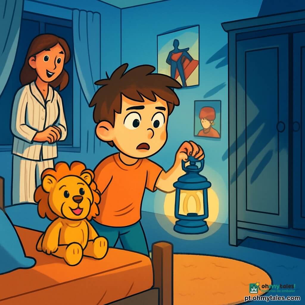 Um garoto de 10 anos, com cabelos castanhos bagunçados e olhos arregalados, está à beira de sua cama, segurando uma lanterna azul. Seu rosto expressa curiosidade misturada com um leve medo, com as sobrancelhas franzidas e a boca entreaberta. Ao seu lado, um bichinho de pelúcia em forma de leão, com pelagem dourada e um grande sorriso, parece lhe dar coragem. No canto do quarto, uma mãe doce e atenciosa, com cerca de 35 anos, cabelos castanhos e vestindo um pijama listrado, o observa com um sorriso reconfortante, pronta para encorajá-lo. A cena acontece em um quarto infantil acolhedor, com paredes pintadas de azul claro, pôsteres de super-heróis pendurados e um tapete macio no chão. A luz da lanterna projeta sombras dançantes nas paredes, criando uma atmosfera mágica e um pouco inquietante. O garoto, armado com sua lanterna, enfrenta o armário escuro, pronto para enfrentar seus medos, enquanto uma leve brisa faz as cortinas da janela tremularem, adicionando um toque de mistério à cena.