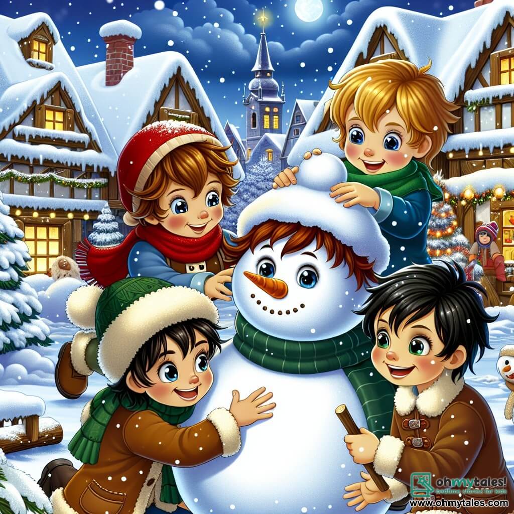 Four boys, around 10 years old, are building a large snowman. Max, with brown hair, wears a red hat that flops over his ears and smiles joyfully as he rolls a snowball. Leo, with blonde hair and a green scarf, leans down to add stones for the snowman's eyes. Finn, a boy with chestnut hair and sparkling eyes, is looking for a carrot for the nose, while Toby, with black hair and a mischievous smile, holds a stick for the arms. The setting is a picturesque village with wooden houses topped with snow, twinkling lights decorating the windows, and a large illuminated Christmas tree in the town square. The sky is a deep blue, dotted with gently falling snowflakes, creating a magical atmosphere. The boys are actively laughing and having fun together, surrounded by fresh snow, as they bring their snowman to life.