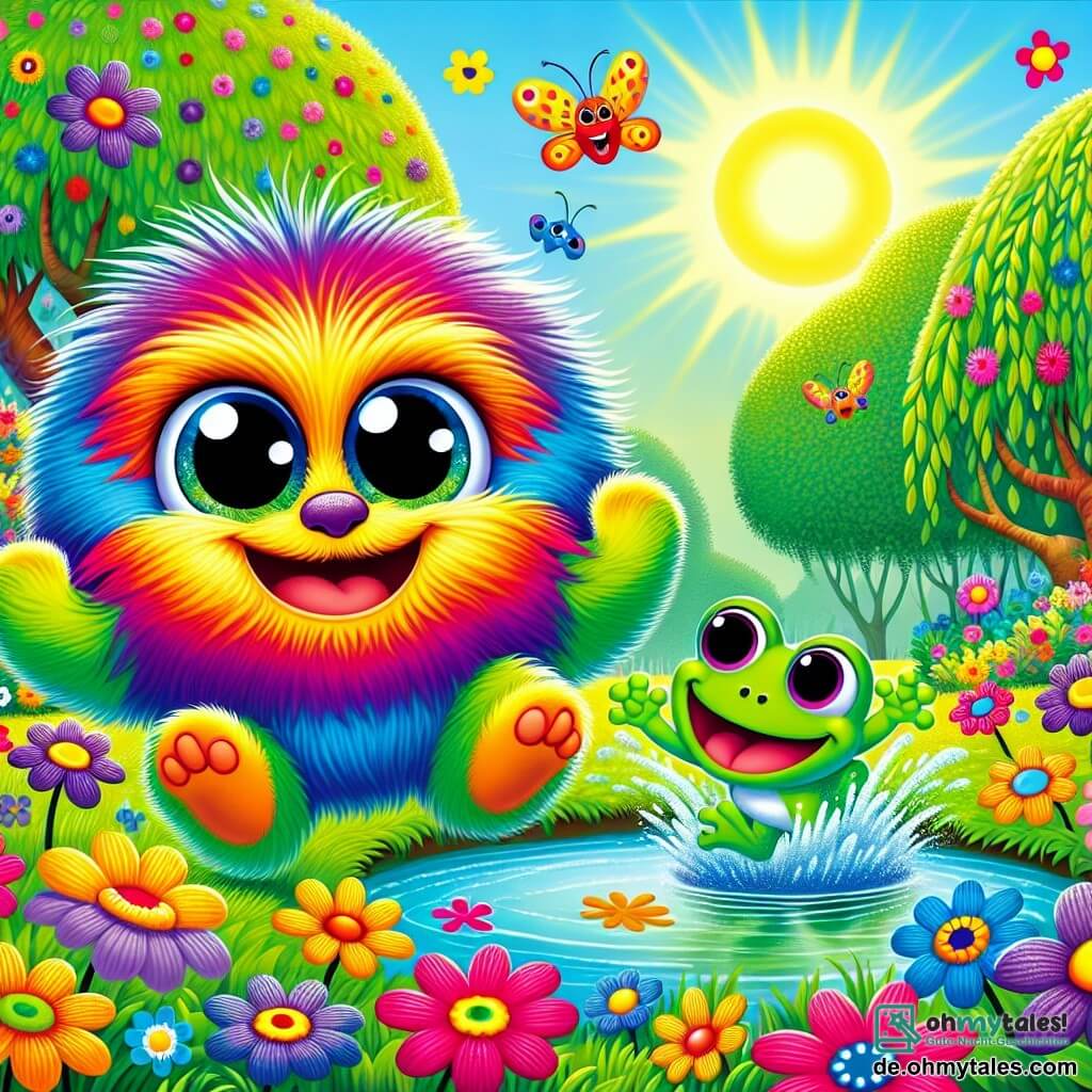 Ein kleines Tier mit weichem, buntem Fell und großen, strahlenden Augen springt fröhlich über ein Feld voller bunter Blumen, mit einem strahlenden Lächeln im Gesicht. Neben ihm taucht ein kleiner grüner Frosch mit großen runden Augen und einem breiten Lächeln begeistert in einen funkelnden Teich ein und spritzt das Wasser um sich. Der Ort ist ein wunderschöner verwunschener Garten, gefüllt mit leuchtenden Blumen, großen Bäumen mit grünen Blättern und einem Teich, der im Sonnenlicht glänzt. Die Hauptsituation zeigt das Tier und den Frosch, die zusammen spielen, lachen und ihre schöne Freundschaft am Teich feiern.