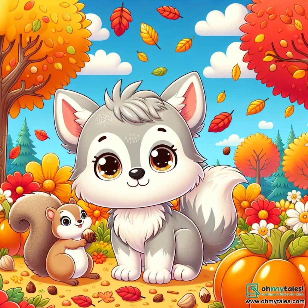 A small wolf with sparkling eyes and soft gray fur, wearing a joyful expression, stands in the middle of a colorful autumn garden, surrounded by red, yellow, and golden leaves gently falling from the trees. Next to him, a small light brown squirrel with big curious eyes and a friendly smile is gathering acorns while perched on a low branch of a tree. The garden is filled with orange and golden flowers, with round shiny pumpkins scattered on the ground under a clear blue sky dotted with fluffy white clouds. In this scene, the little wolf and the squirrel are having fun together admiring the autumn colors, while the cool breeze makes the leaves dance around them, creating a joyful and warm atmosphere.
